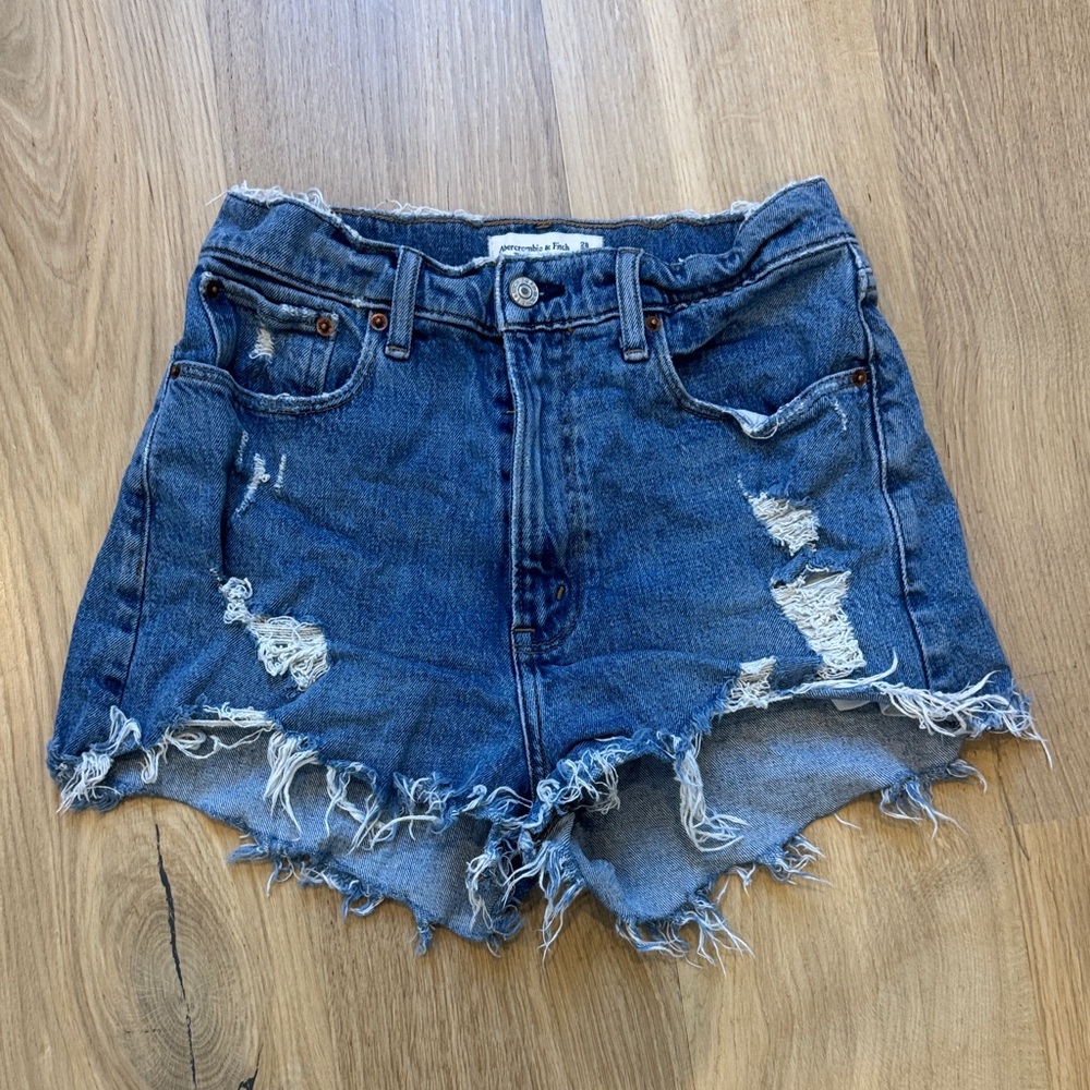 Abercrombie & Fitch Blue Distressed The Mom Short High Rise Denim Cutoff Shorts